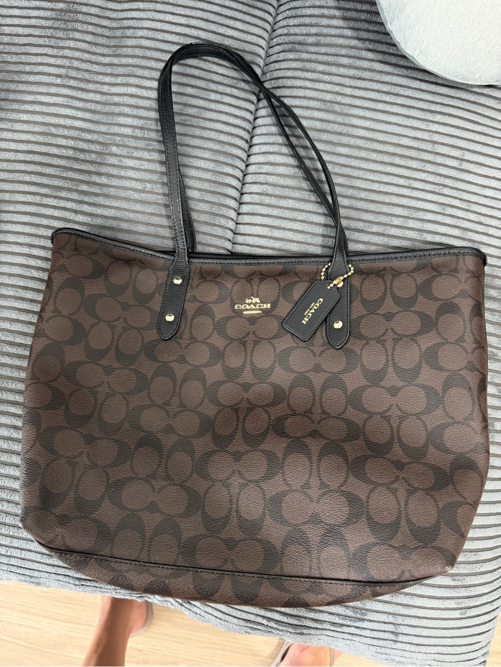 Coach Signature PVC Brown/Black Zip Top Tote Bag Gold Hardware